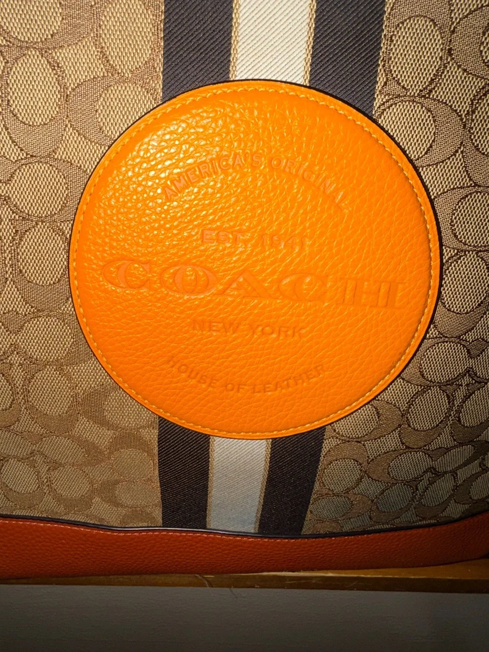 Coach Dempsey Tote 1917 Signature Jacquard Stripe Orange Burgundy